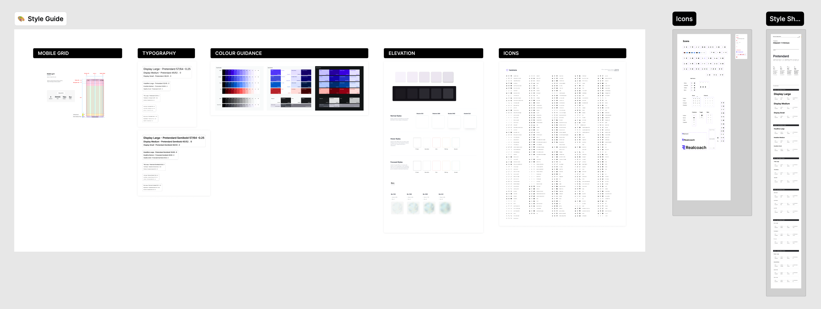 RealCoach style guide in Figma: mobile grid, typography, color, elevation, and icons